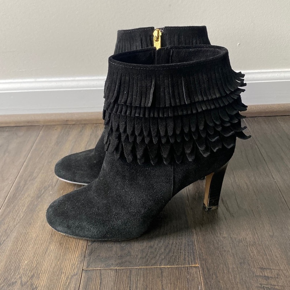 Black Fringe Suede Ankle Booties - Women's Fashion Heels